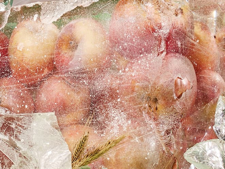 A vibrant close-up of bright yellow and red apples frozen in ice.