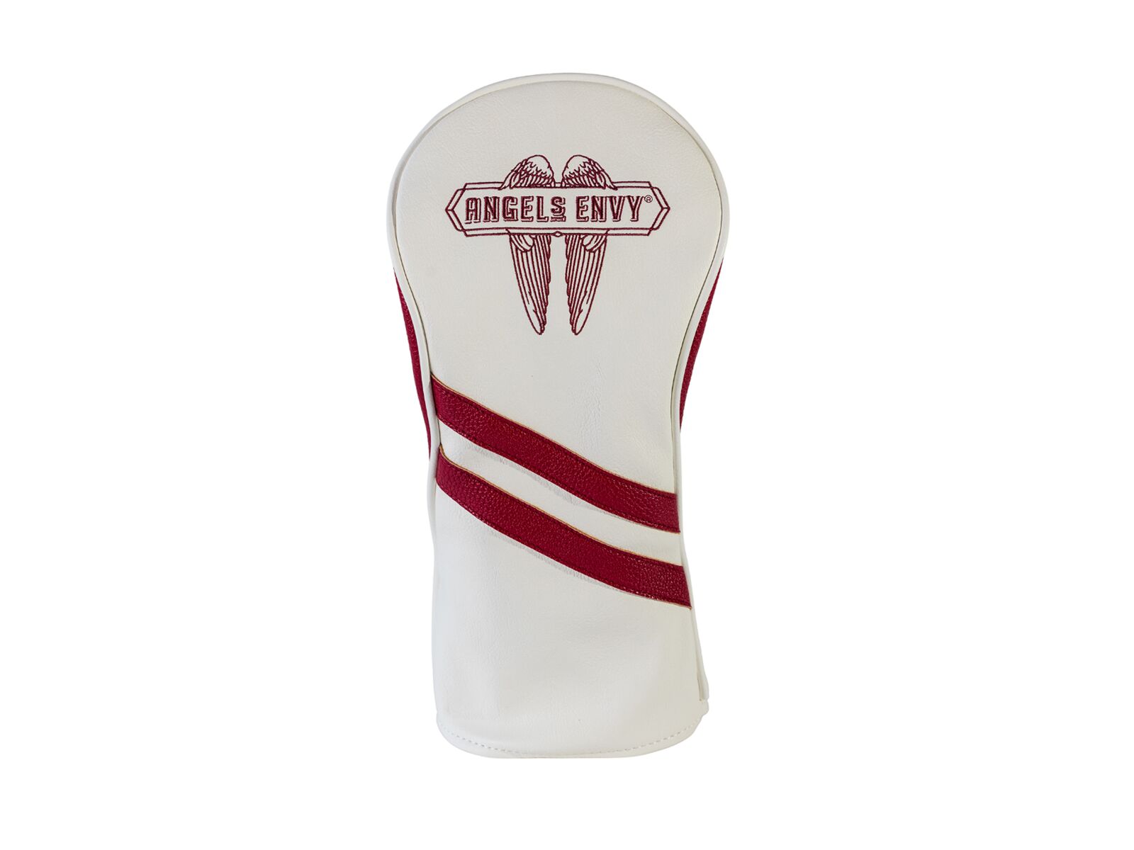 The white Angel’s Envy Golf Club Cover with a logo and stripe detailing in ruby.