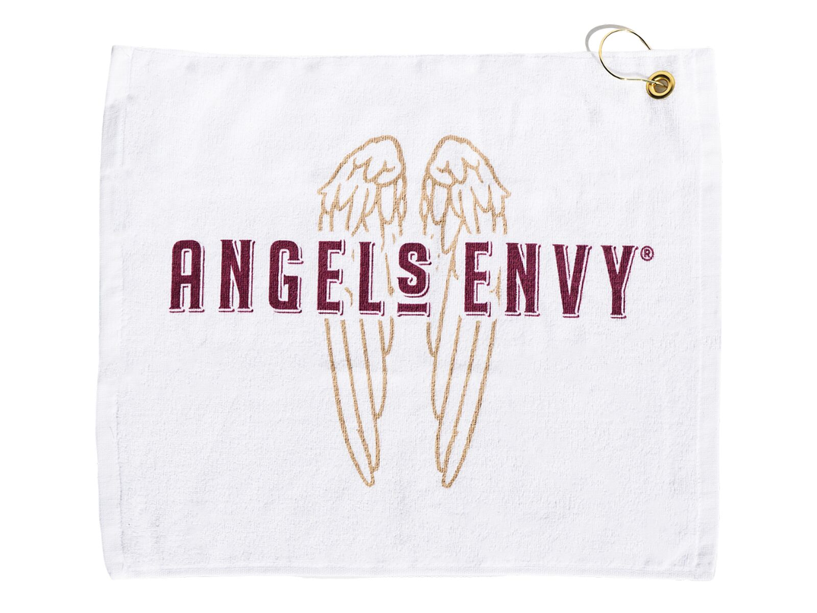 The white Angel’s Envy Golf Towel with the Angel’s Envy logo in ruby and gold, detailed with a gold-plated ring at the top right corner.