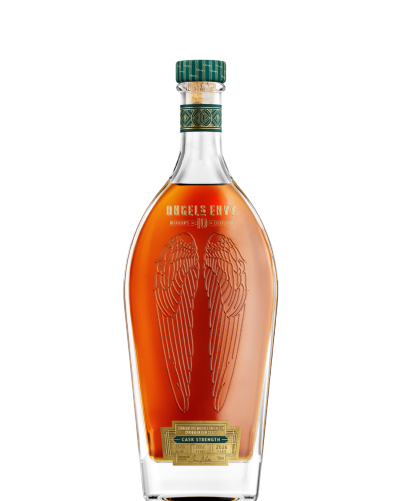 Angel’s Envy 10 Cask Strength Rye bottle featuring the signature embossed wings design and an emerald green and gold label.