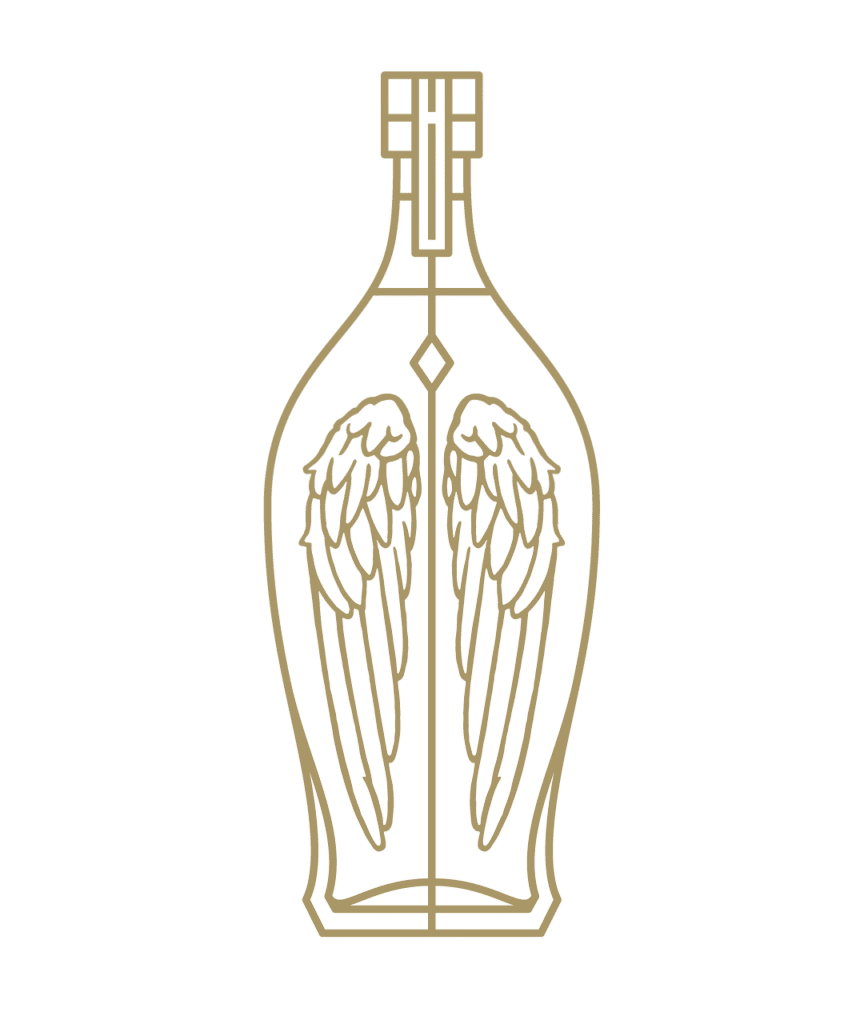An illustration of an Angel’s Envy bottle with wing detailing in gold.