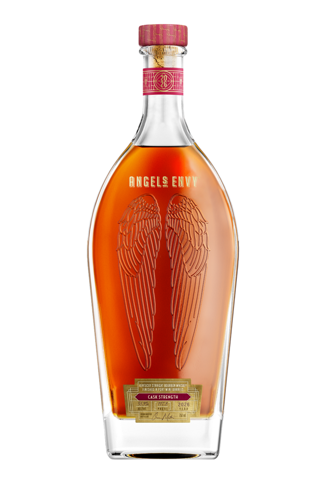 Angel’s Envy 2026 Cask Strength Bourbon bottle featuring the signature embossed wings design and a ruby and gold label.
