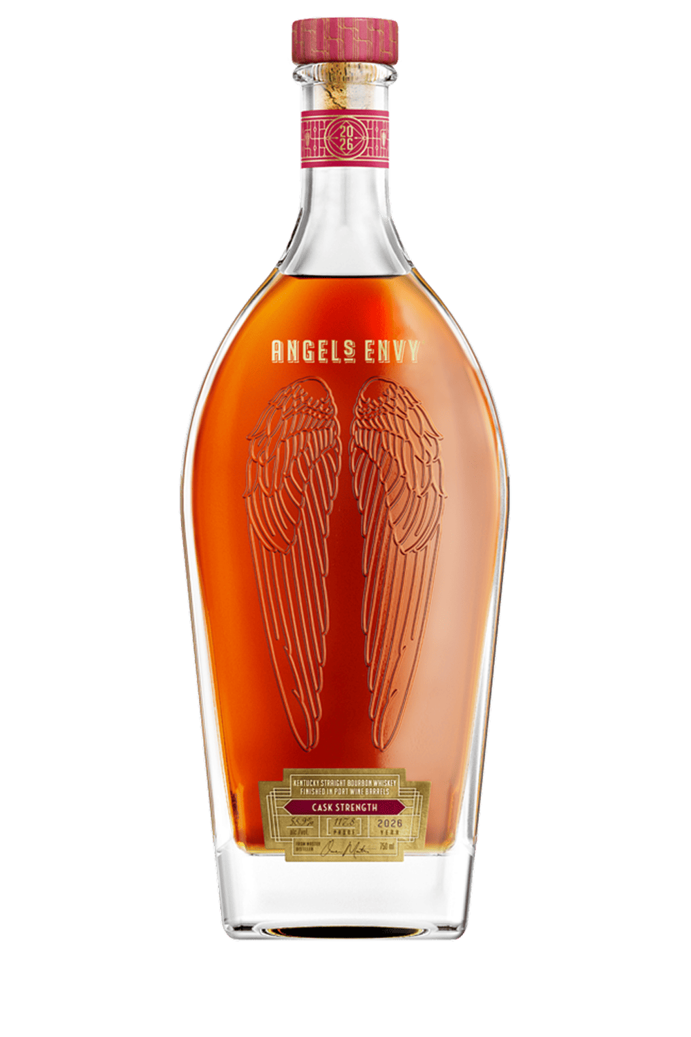 Angel’s Envy 2026 Cask Strength Bourbon bottle featuring the signature embossed wings design and a ruby and gold label.