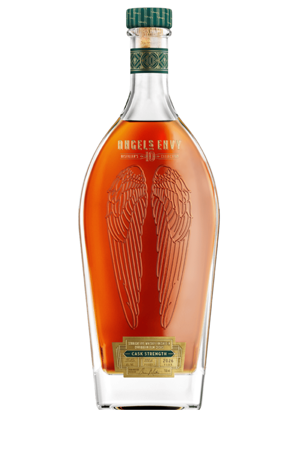 Angel’s Envy 10 Cask Strength Rye bottle featuring the signature embossed wings design and an emerald green and gold label.