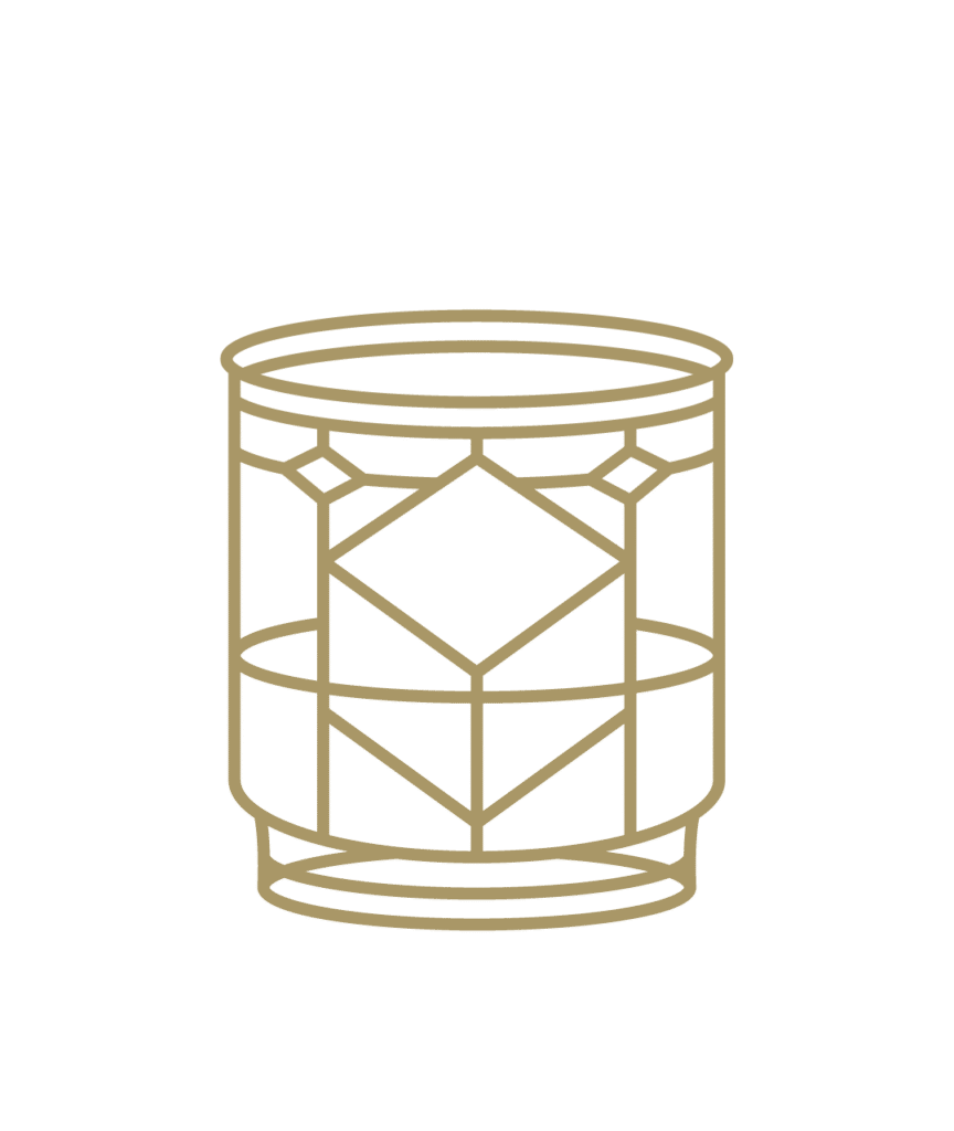 An illustration of a whiskey rocks glass in gold.