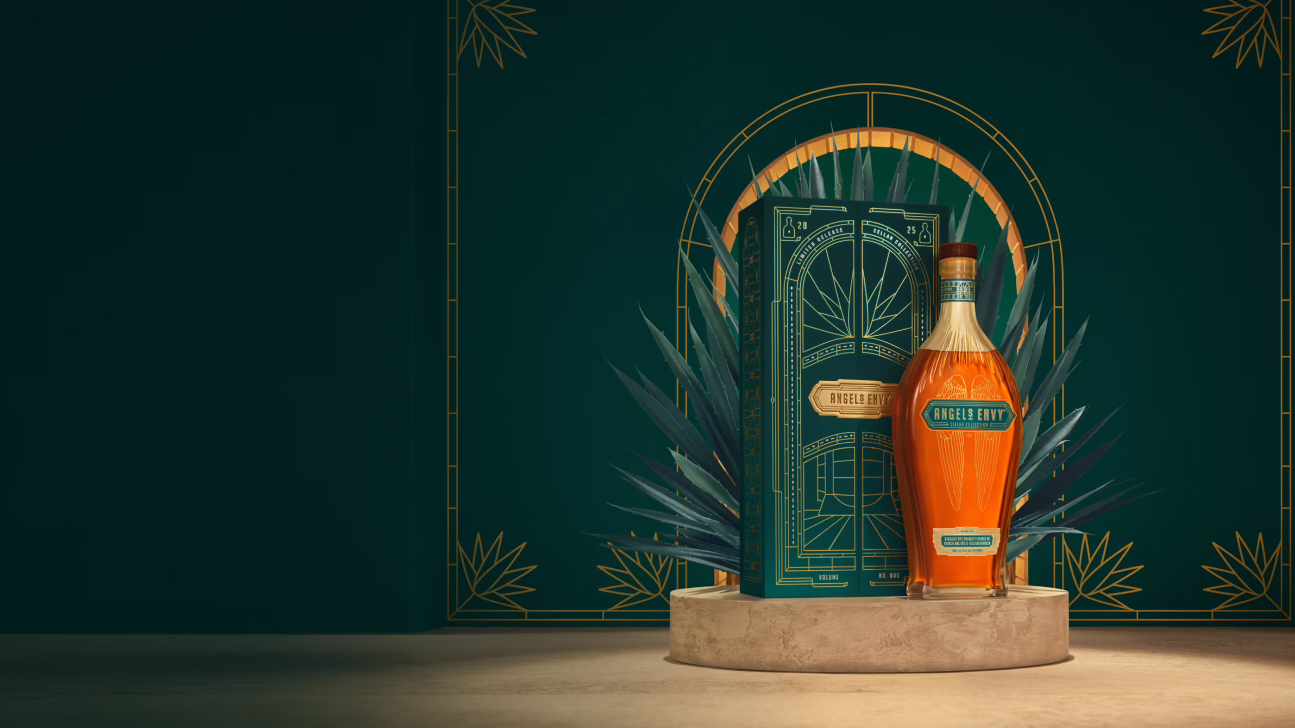 A spotlit Angel’s Envy Cellar Collection Vol. 5 bottle, displayed with its emerald green and gold presentation box on a textured stone pedestal, stylized against an arched architectural backdrop.