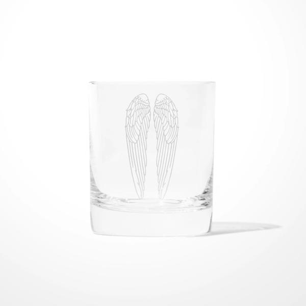 A clear lowball glass etched with the Angel’s Envy Wing emblem.