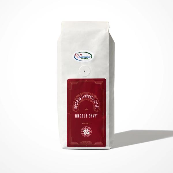 A bag of whole Angel’s Envy bourbon-flavored coffee beans. The bag is white with a burgundy label.