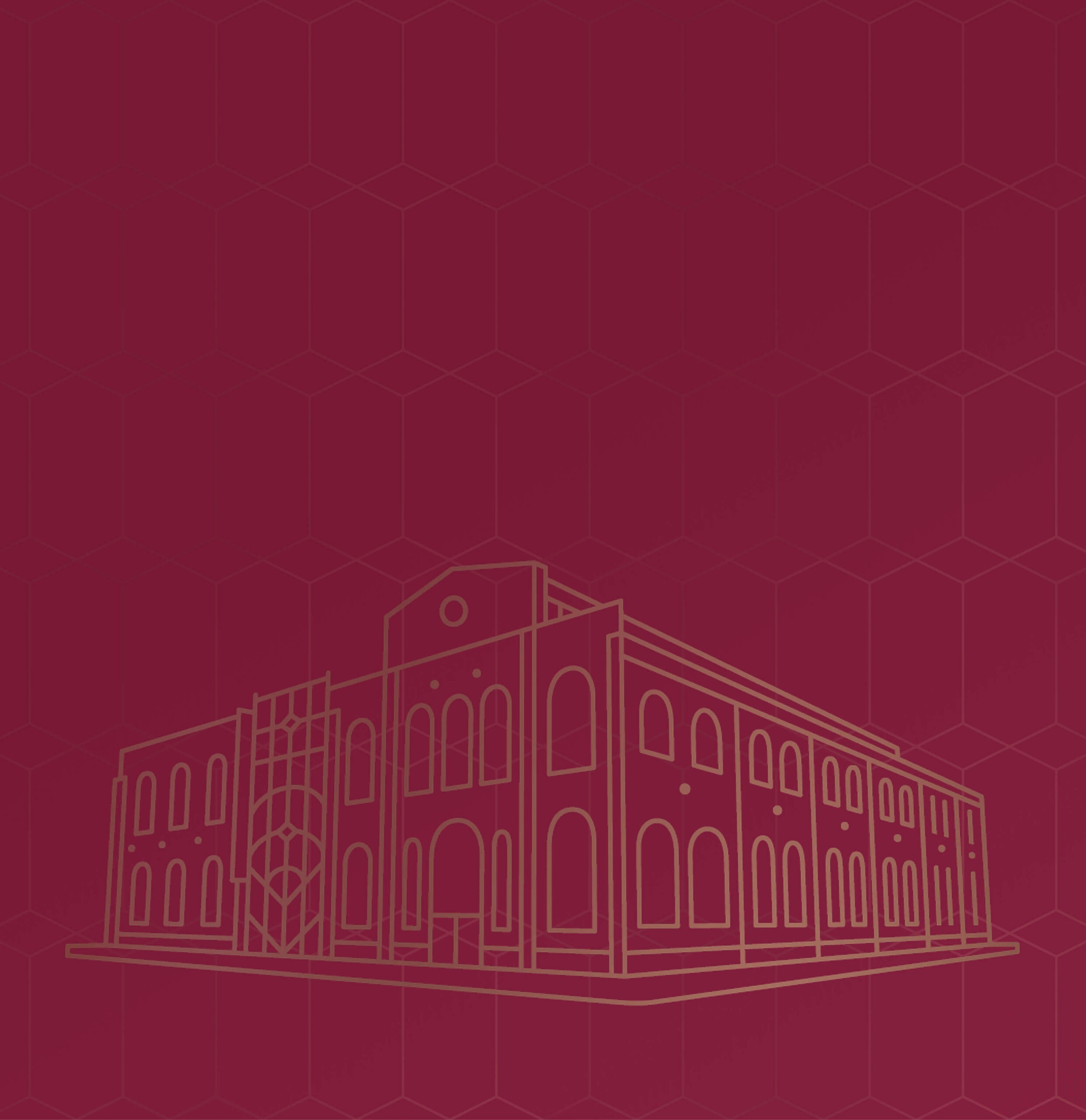 A vector illustration of the Angel’s Envy Distillery. The lines are golden and they’re drawn over a textured, burgundy backdrop.