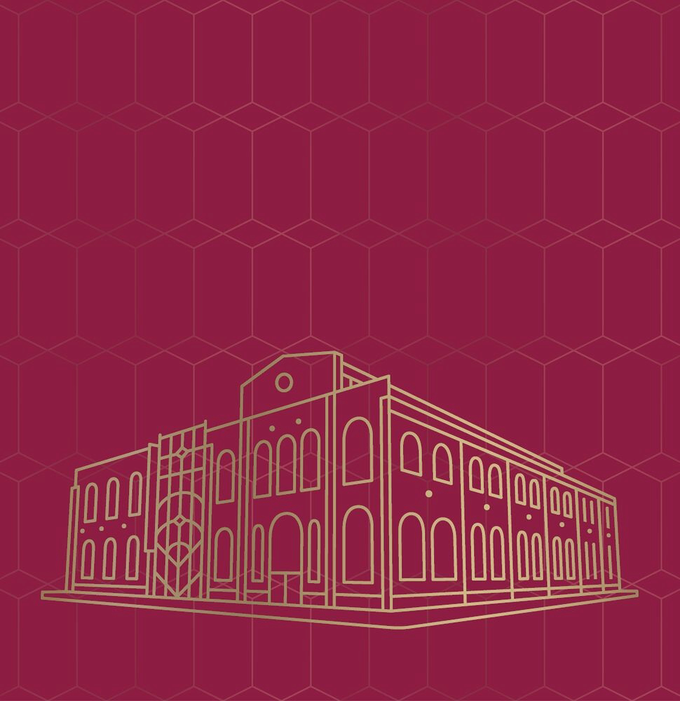 A vector illustration of the Angel’s Envy Distillery. The lines are golden and they’re drawn over a textured, burgundy backdrop.