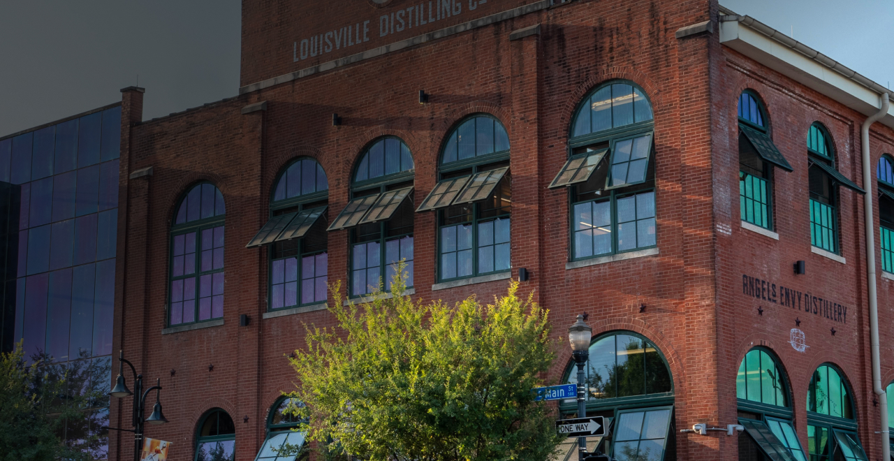 An exterior image of the Angel’s Envy Distillery during the day.