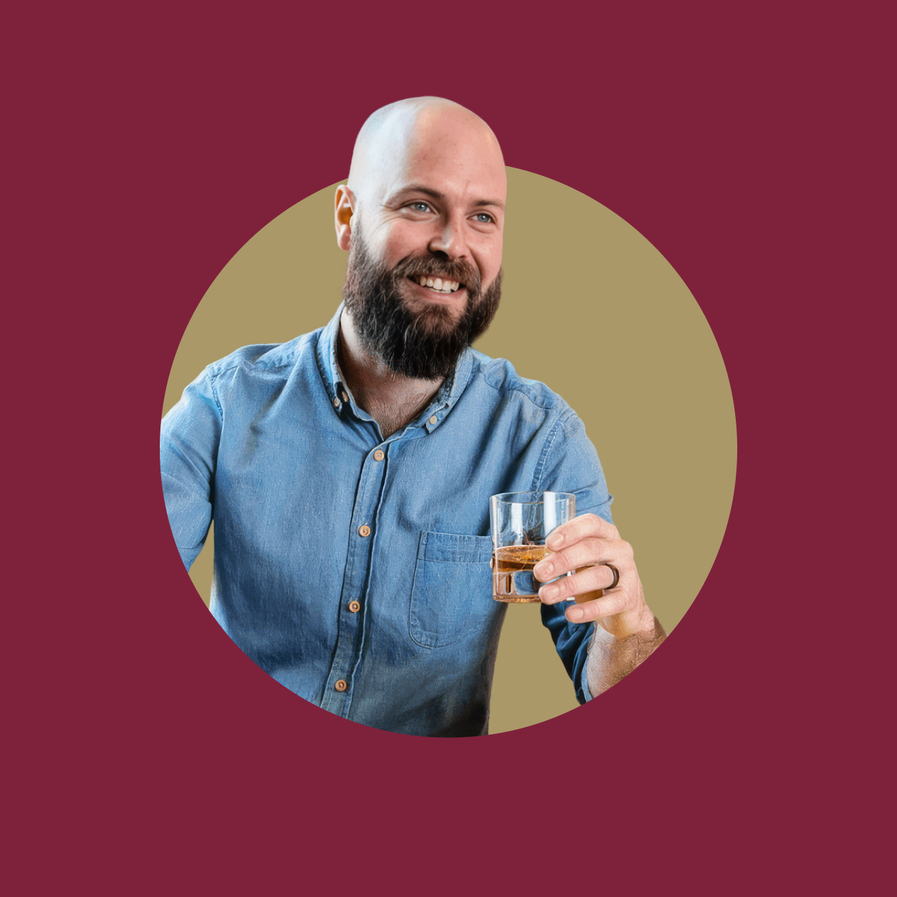A portrait of Master Distiller Owen Martin holding a coupe glass containing whiskey. The portrait is cut-out over a brass circle background.